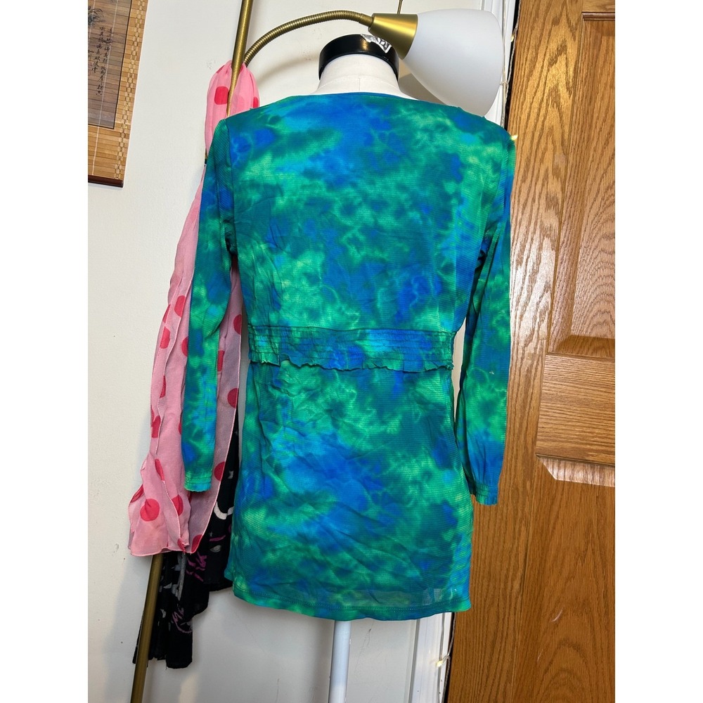 Y2K Liz Claiborne Tie Dye V Neck Ruffled Babydoll Top Blue Green Size S - Picture 3 of 7